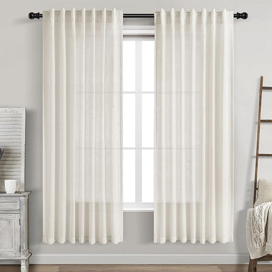 Nanspring Cream Semi Sheer Linen Curtains 75 Inch Length for Living Room Back Tab Rod Pocket Modern Farmhouse Coastal Decor Cotton Textured Gauze Curtains for Dining Room Office 52x75