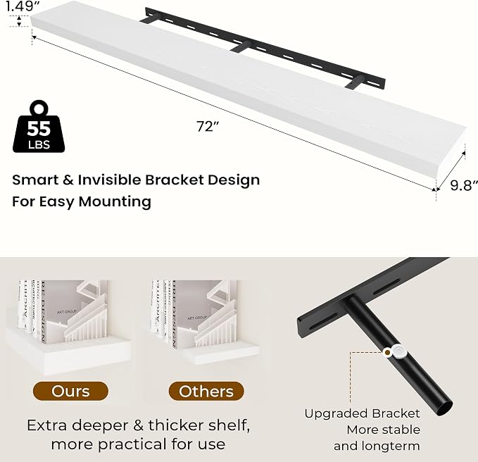 Dreamland 72Inch White Floating Shelves 9.8" Deep Wall Mounted Set of 2 | Wall shelves for bathroom, bedroom, Living Room, kitchen, deep wall mount wood storage display for home decor 72" x 9.8"