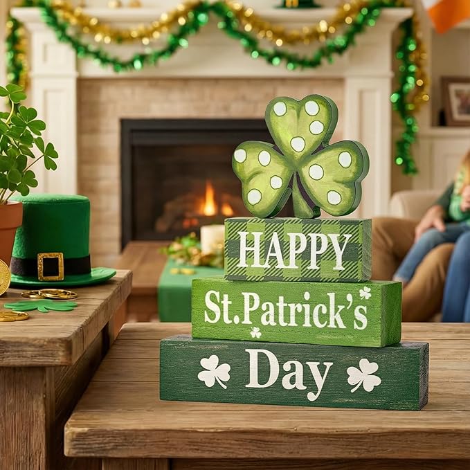 Smile St.Patrick's Day Wooden Stacked Block Decor HAPPY St. Patrick's Day, Shamrock Rustic Tabletop Shelf Lucky Holiday Decoration