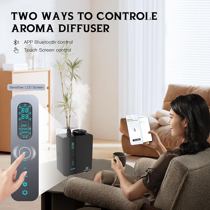 Waterless Diffuser Smart APP Control 2000 Sq.Ft Oil Level Monitoring | Diffusers for Home Smart LCD Touch, 200ML Essential Oil Diffuser for Large Room, Hotel, Office, Luxurious Metal
