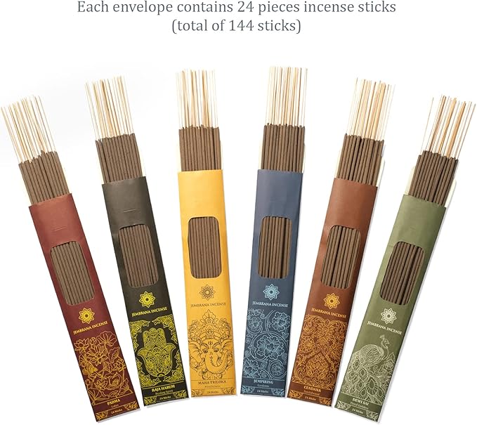 Bali Soap Jembrana Incense Sticks - Variety Pack 6 Scents (144 Sticks Total, 24 Sticks Each) of Lotus (Padma), Sandalwood, Gardenia, Maha Triloka, Raja Harum & Dewi Sai (Amber)