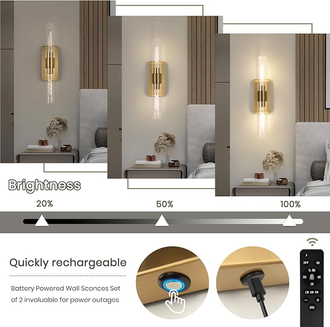 Battery Operated Wall Sconce Set of Two, Rechargeable Wall Sconce, Gold Wall Lamp with Remote Controls, Indoor Non-Hardwired Bedside Wall Sconces, Gold Vanity Light for Bedroom, Hallway, etc