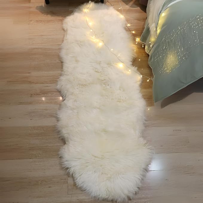 Woolous Genuine New Zealand Sheepskin Double Pelt Rug - Handmade Sheep Skin Runner Rug, Soft Thick Natural Bedside Area Rug for Bedroom and Living Room Decor, 2x6 ft | Real sheep skin runner rug, handmade soft thick natural double pelt sheepskin rug fo...