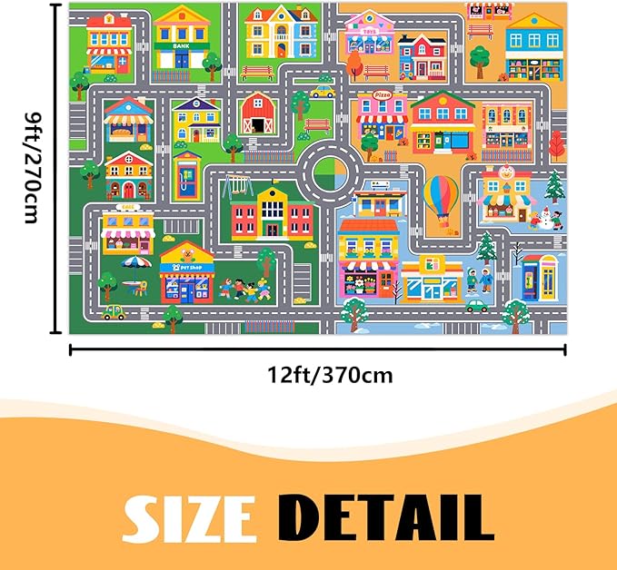 Car Rug Play Mat 9x12 Feet, Kids Rugs for Bedroom Educational Traffic Road Carpet for Kids Decorate Nursery Toddler Classroom Preschool Living Room Playroom