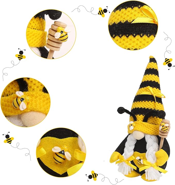 CRCZK Bumble Bee Gnome Plush - Mr and Mrs Honeybee Spring Gnomes Plush Ornaments Tomte Elf World Bee Day Decor, Summer Bee Figurines Table Shelf Tiered Tray Decorations, Gifts for Women