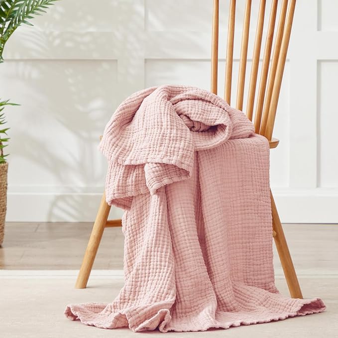 100% Cotton Muslin Blanket California King 120" x 90", 6 Layers Breathable and Lightweight Oversized Blankets for Bed, Soft Cooling Gauze Blanket for Adults All Season, Dusty Pink