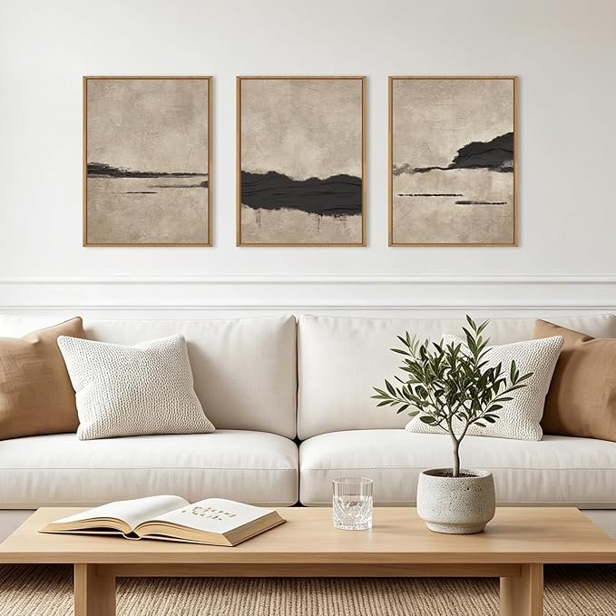 Large Abstract Black and Tan Framed Canvas Wall Art,Vintage Minimalist Wall Decor,Neutral Brush Stroke Artwork,Modern Textured Art Print for Living Room,Bedroom,Office- 12"x16"x3