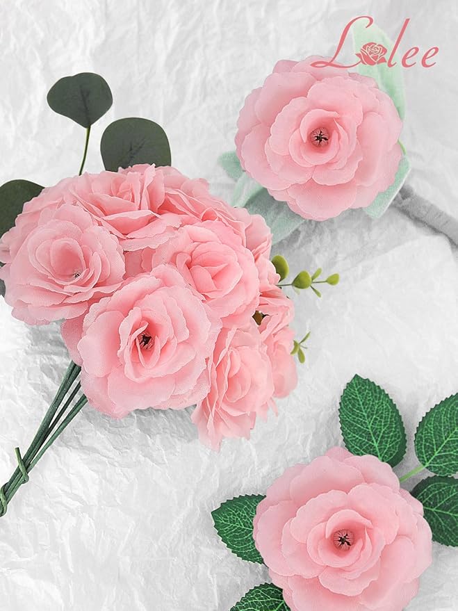 LELEE 108pcs Roses Head Flowers with Stem - Pink Artificial Flowers Rose Bulk - Silk Rose Fake Flower for Wedding Bouquet Valentine's Party Decor DIY Bridal Shower Centerpieces
