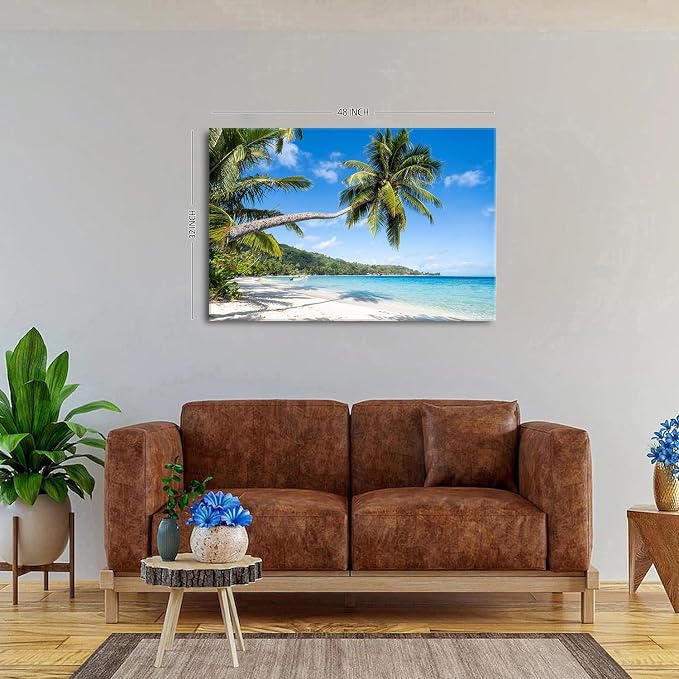Beach Palm Tree Wall Art Coastal Ocean Pictures Wall Decor for Living Room Nature Scenery Canvas Print Tropical Seascape Painting Ocean Artwork for wall Bathroom Bedroom Kitchen Home Decorations 32x48