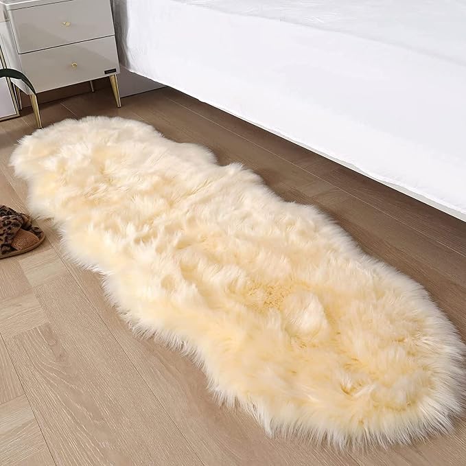 Faux Fur Sheepskin Runner Rug Beige 2x6 ft Ultra Soft Shaggy Plush Fluffy Fuzzy Area Carpet Decorative Chair Cover Floor Mat for Bedroom Sofa Living Room Bedside