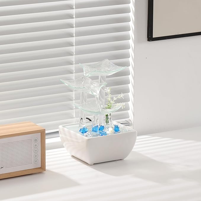 Ceramic and Glass Tabletop Fountain for Indoor and Home Decoration Table Desk Office Patio White
