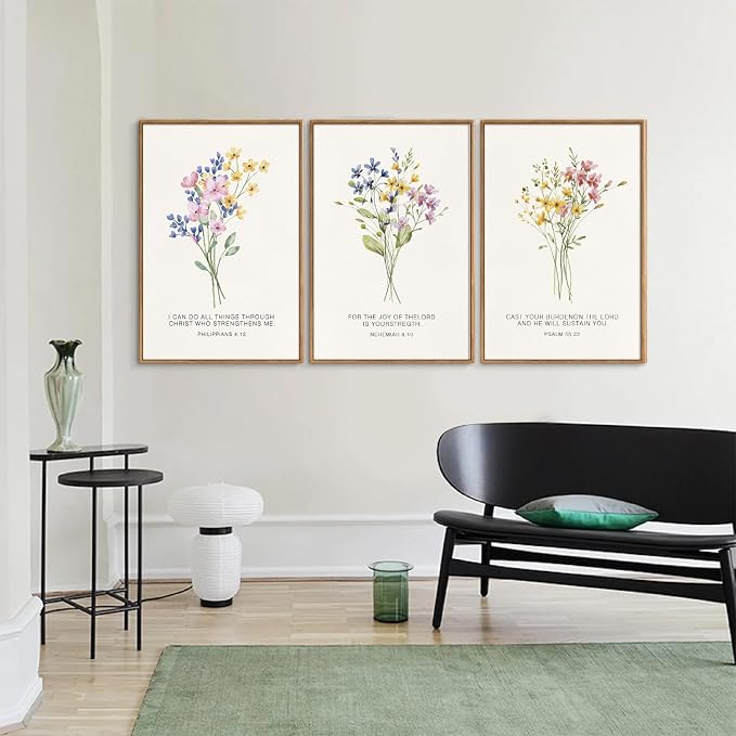 KYLESONLIE Christian Scripture Floral Framed Canvas Wall Art Set, Wildflower Bible Verse Posters Wall Decor, Religious Faith Art Paintings for Living Room Bedroom Dining Room Office Church 16"x24"x3