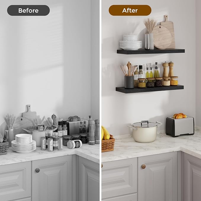 Floating Shelves for Wall, 24 inch Black Floating Shelves, 9.3in Deep Wooden Wall Shelf for Living Room Display Bathroom Book Shelves Laundry Room Storage or Bedroom Kitchen Organizer, 2 Packs