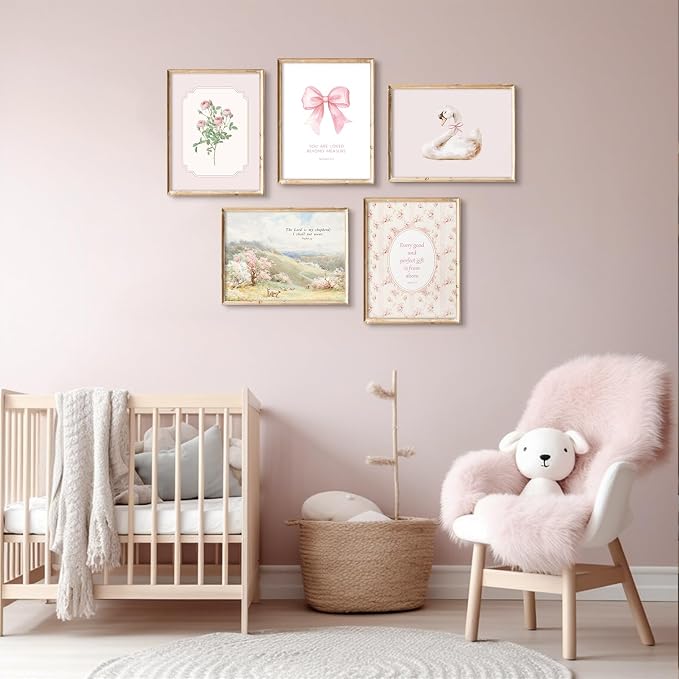 Nursery Christian Wall Art Bible Verses Canvas Wall Decor Baby Girl Room Poster Vintage Pink Nursery Prints Decor Floral Bow Swan Artwork Jesus Scripture Picture for Bedroom 8x10x5 Inch Unframed
