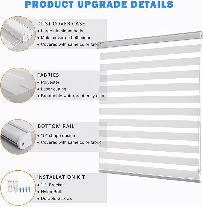 Zebra Roller Shades, Dual Layer Roll Up Blind for Living Room, Semi Sheer Shades Window Privacy Light Control for Day and Night, (Maximum Height 72inch, White Color, Width 27 inch)