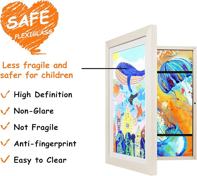 KINLINK 10x12.5 Kids Art Frame Set of 2, Solid Wood Kids Artwork Frames Changeable with Front Opening Hold 150 Pictures, Art Frames for Kids Art with Mat，without Mat 10x12.5 Picture Frame White Wood