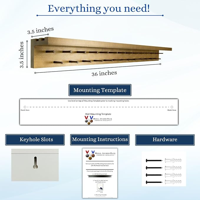MedalAwardsRack 3ft- Ultimate Medal Hanger Display and Trophy Shelf - Multi-Sport Trophy and Medal Holder for Medal Display, Plaques, Pictures, Trophies and more. Solid Wood - Large 36" - Walnut