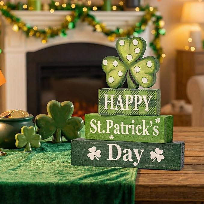 Smile St.Patrick's Day Wooden Stacked Block Decor HAPPY St. Patrick's Day, Shamrock Rustic Tabletop Shelf Lucky Holiday Decoration