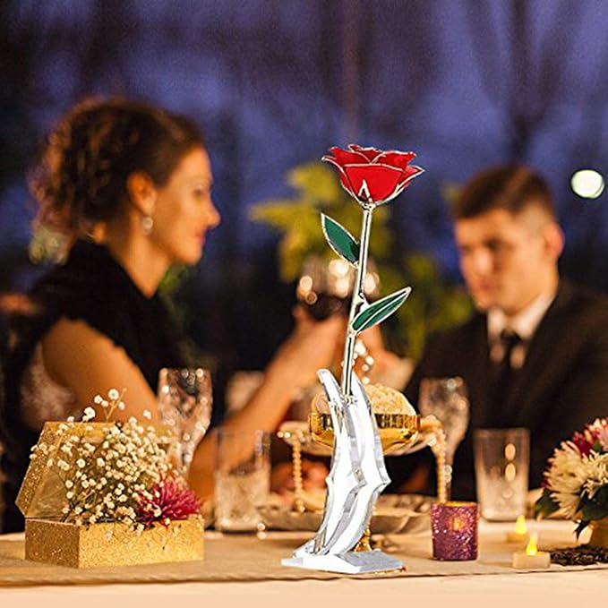 Red Rose Dipped Gold, Golden Plated Eternal Rose Flower with Crystal Stand for Her, Gift for Wife Mom Girlfriend Daughter
