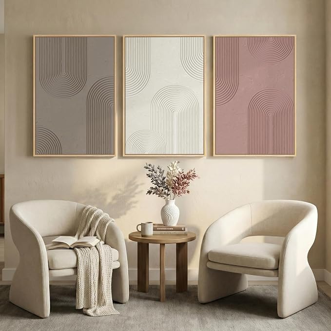 Large Framed Abstract Boho Wall Art for Living Room, 3 Piece Modern Neutral Blush Pink and Brown Canvas Artwork for Walls, Minimalist Painting Print for Bedroom Dining Room Office Wall Decor, 24x36 In