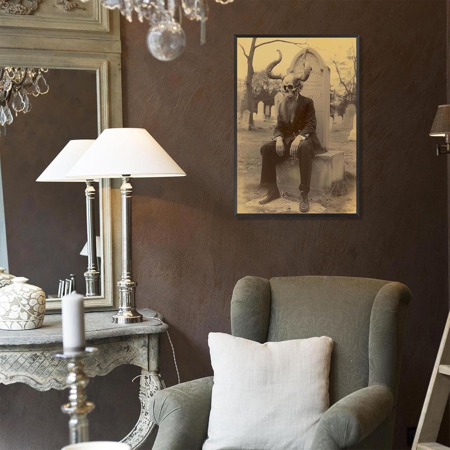 Skeleton Halloween Forest Occult Poster Vintage Spooky Canvas Wall Art Gothic Room Decor Dark Academia Bedroom Decorations Creepy Skull Prints Picture Aesthetic 12X16inch Aluminum Framed