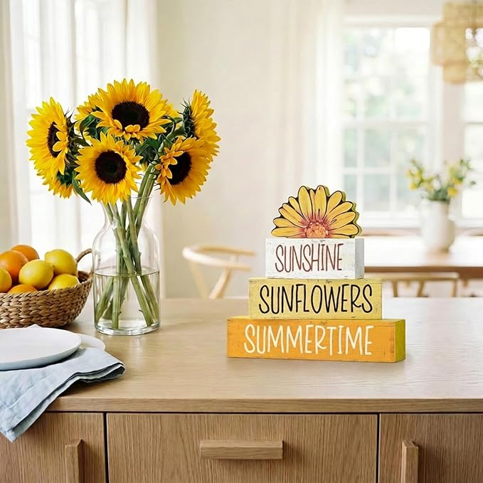 Smile 4 Pcs Summer Indoor Wooden Decor, Sunshine Sunflower Summertime Tiered Tray Farmhouse Table Decoration for Home and Office
