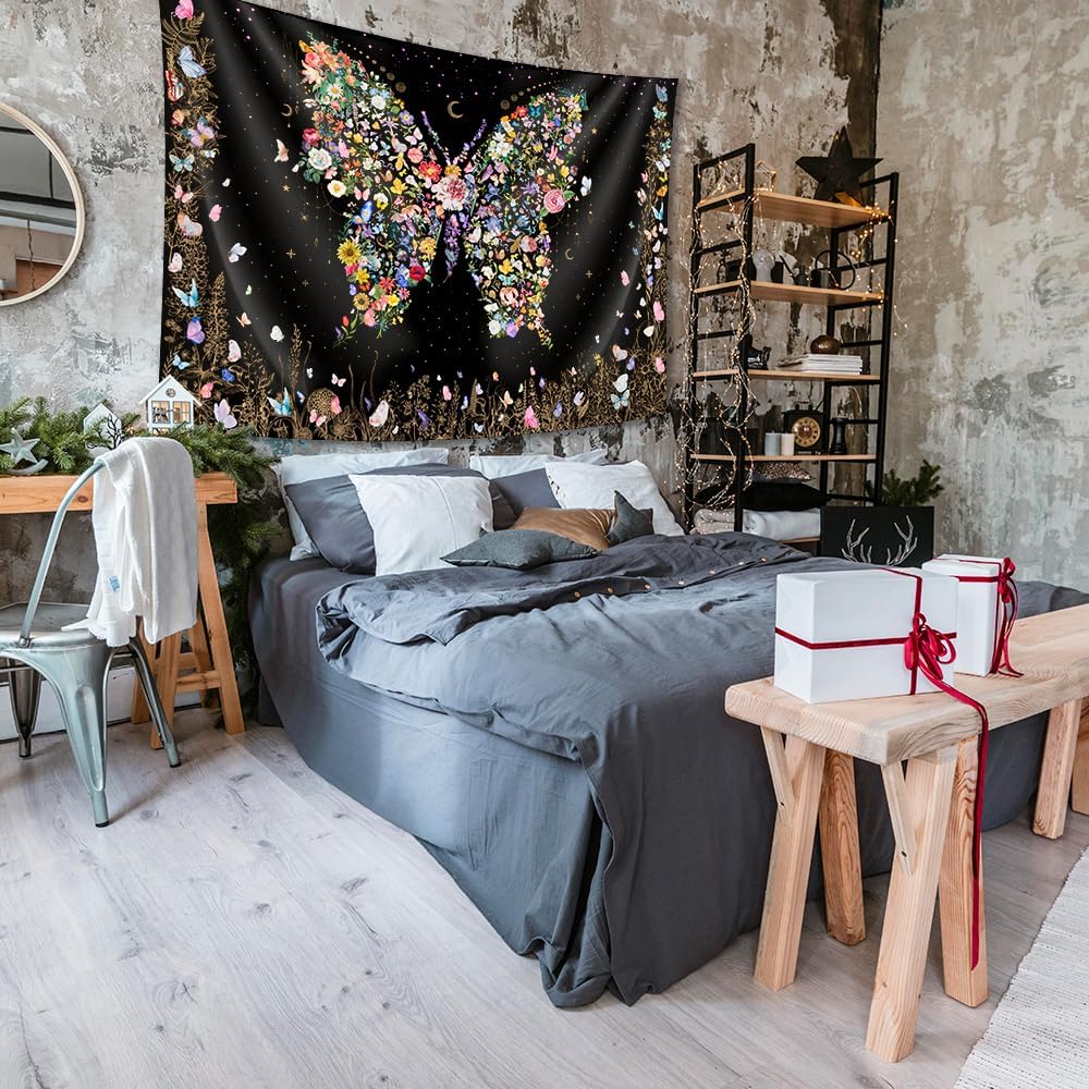 Damanse Butterfly Tapestry Wall Hanging Cute,Boho Wall Tapestry for Bedroom Aesthetic,Flower Living Room Decor for Teen Girls (Black, 49.20" x 59.10")