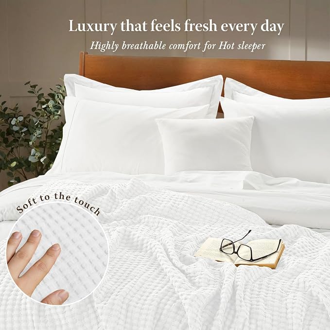 Threadmill Cooling Cotton Waffle Queen Size Blanket | Lightweight Summer Blanket for Hot Sleepers | Rayon Derived from Bamboo | Luxury Throw for Bed, Couch & Sofa | 106 x 92 Inches | Whitee