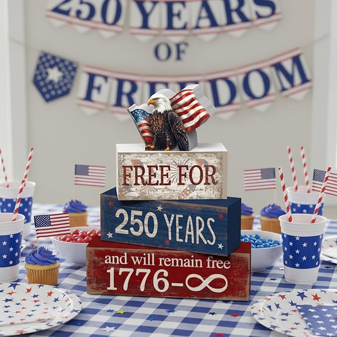 CroBlissful 4 Pcs 250th Anniversary 4th of July Decorations Patriotic Memorial Day Tabletop Decorations America Eagle Red White Blue Table Centerpieces USA Sign for Office Tiered Tray Home Shelf