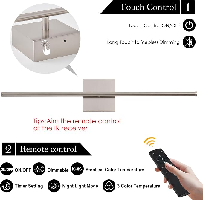 KARTOOSH Removable Battery Operated Wall Sconces with Remote Control, Stepless Colors 3000K-6000K & Dimming, 350°Rotate, LED Gold Wireless Wall Light for Living Room, Bedroom, 28.3 Inch (2 Pack)