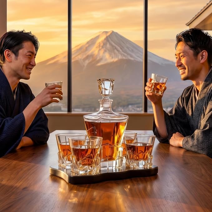 Ridge Japanese Crystal Whisky Decanter Set with 4 Tumbler Glasses, Lead-Free Liquor Carafe & 10oz Rocks Glasses - Scotch Bourbon, Spirits & Wood Base Elegant Barware Gift for Men, Japan Design Gifts