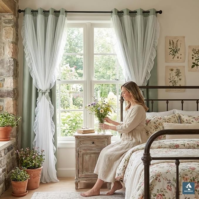 PONY DANCE Blackout Curtains for Whimsical Forest Teen Room, Double Layer Drapes Ruffle Sheer Overlay Farmhouse Rustic Design, W 52 x L 84 Inches, Sage Green, 2 Panels