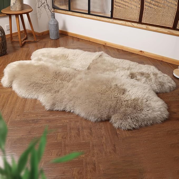 IRIWOOL Premium Genuine Fur Sheepskin Rug Real Australia Sheepskin Natural Luxury Fluffy Lambskin Fur Area Rug Seat Covers for Kids Bedroom Sofa Chair Cover (Creamy Gray, 4ft x 6ft)