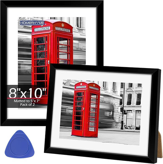 8x10 Picture Frame Set of 2, Black Photo Frame for Tabletop or Wall Display, Display Pictures 5x7 with Mat or 8x10 Without, Frame Collage with HD Plexiglass for Wall Home Decor, with Gadget