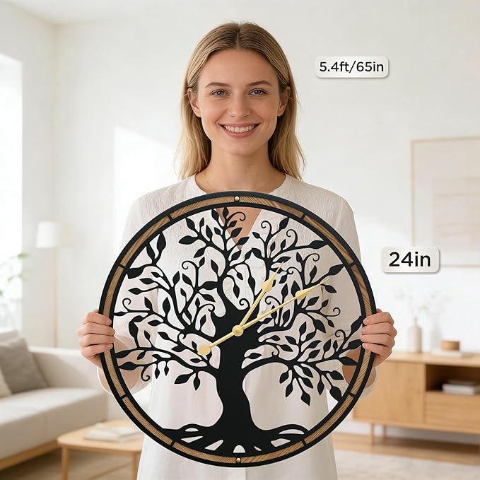 Micasso Farmhouse Large Wall Clock: 24 Inch Rustic Tree of Life Metal with Wood Frame - Battery Operated Wall Clocks for Living Room/Office/Bedroom - Home Decor for Fashion-Conscious