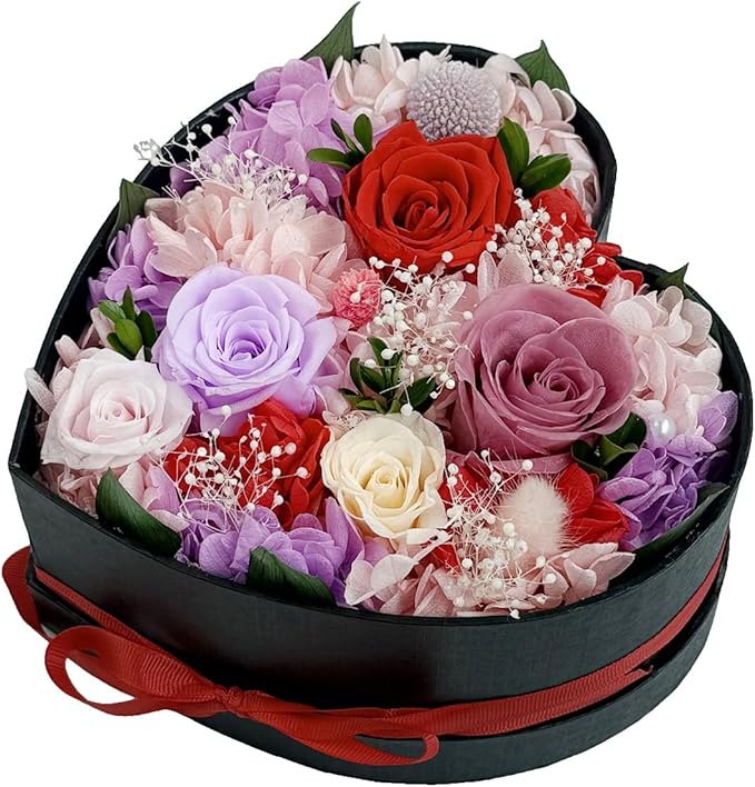 Preserved Roses Heart Shape Box Valentines Day Gifts for Her Mothers Day Forever Flowers (Multicolor-red, One Size)