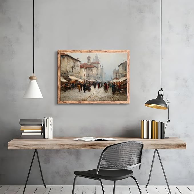 KBBYT Large Framed Wall Art Old Town Square Marketplace Scene Poster Canvas Print Vintage Painting Antiques Pictures Wall Decor for Living Room Apartment Office Home Decoration 24x36inch Wood Framed