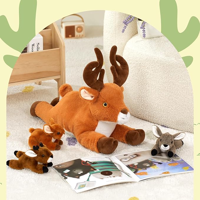 MorisMos 5 Pcs Large Deer Stuffed Animal, 18inch Mommy Deer Plush with 4 Fawns, Soft Fawn Plush Toys Gifts for Kids, Girls, Boys