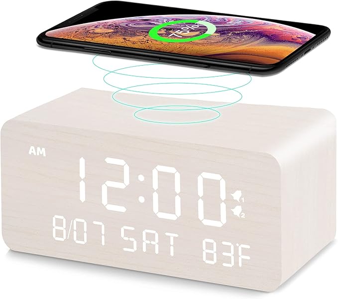 Andoolex Wooden Digital Alarm Clock with Wireless Charging, 0-100% Adjustable Brightness Dimmer and Alarm Volume, Weekday/Weekend Mode, Dual Alarm, Snooze, 12/24H, Wood LED Clock for Bedroom (White)