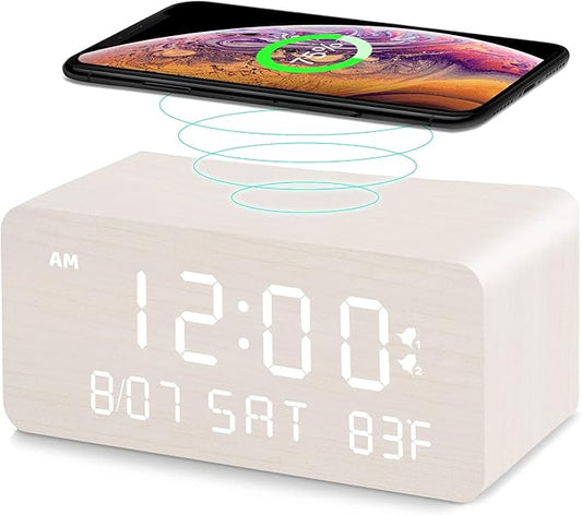 Andoolex Wooden Digital Alarm Clock with Wireless Charging, 0-100% Adjustable Brightness Dimmer and Alarm Volume, Weekday/Weekend Mode, Dual Alarm, Snooze, 12/24H, Wood LED Clock for Bedroom (White)
