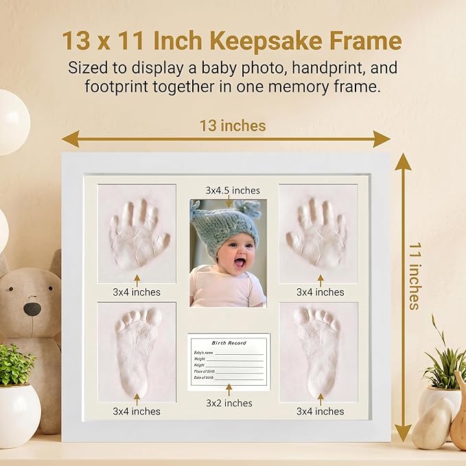 MICKYU Baby Handprint and Footprint Kit, Newborn Keepsake Wood Picture Frame with Air-Dry Clay, Nursery Decor, White, 13 x 11 Inch