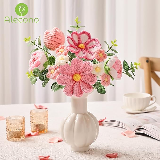 Alecono Crochet Flower Bouquet, Pink Handmade Knitted Flowers, Crochet Tulips Galsang Flower for Mother's Day Anniversary Birthday Graduation Lover Valentines Day Gifts (with Card)