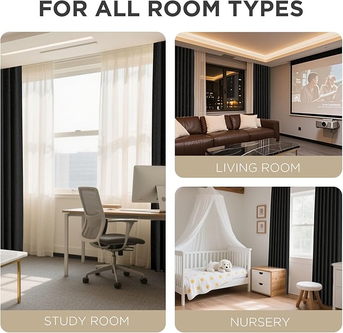 Joydeco Blackout Curtains for Bedroom - 100% Light Blocking 2 Panels Set Black Drapes 42" W x 108" L, Thermal Insulated Room Darkening Curtains, Linen Textured for Living Room, Rod Pocket & Back Tabs