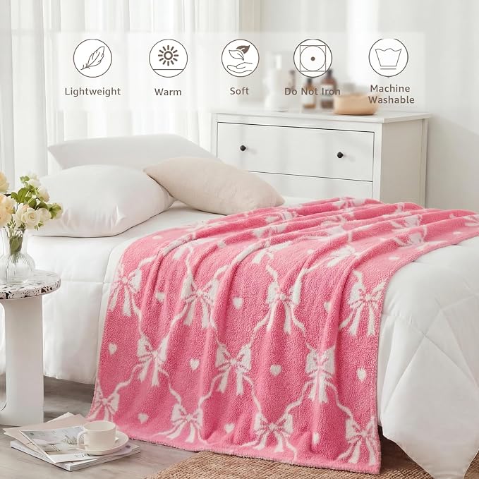 WRENSONGE Soft Throw Blanket for Couch-Cozy Reversible Knitted Blankets | Lightweight Warm Fluffy Decor for Women, Mom, Her & Girls, Sofa, Chair, Bed, 50x60in, Diamond Bowknot Pink