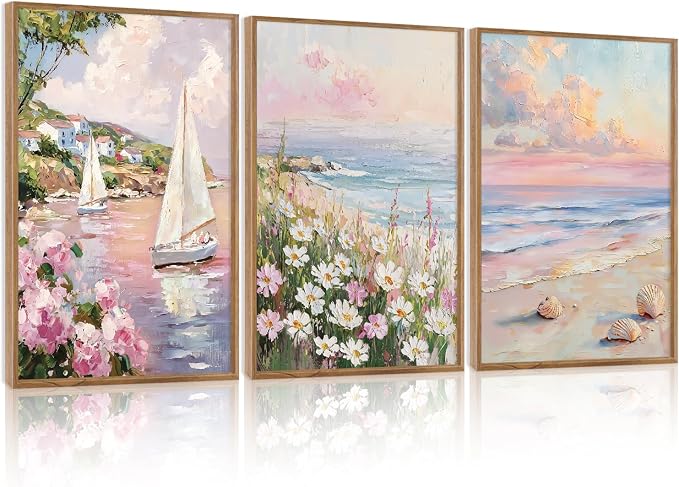 TOARTi Framed Pastel Coastal Sailboat Canvas Wall Art Set, Pink Beach Daisy Floral Wall Decor, Watercolor Spring Ocean Seascape Wildflower Art Prints for Farmhouse Living Room Bedroom Office-16”x24”x3