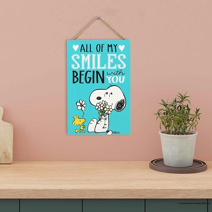 Peanuts Snoopy All My Smiles Begin With You Hanging Wood Wall Decor - Cute Snoopy Sign - Great Gift Idea