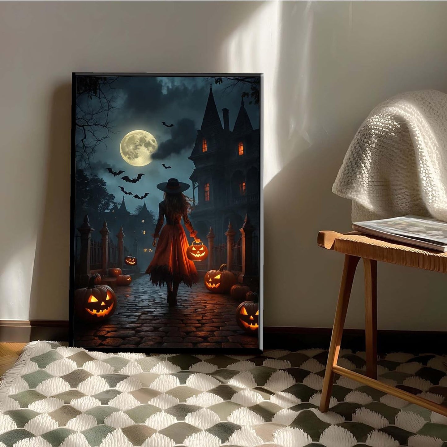 JFHCQJPK Halloween theme poster moonlit autumn night witch vintage poster art print dark college style gothic painting canvas wall decoration bedroom living room ideal gift8x12in Metal blackFramed