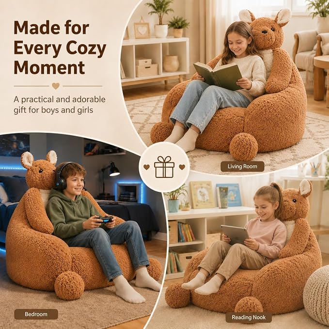 31 Inhces Memory Foam Bean Bag Chair - Ultra Soft Faux Rabbit Fur Sofa with Handle & Machine Washable Cover, Comfy Lazy Chair for Kids Teens, Perfect for Reading Gaming in Living Room Bedroom，Brown