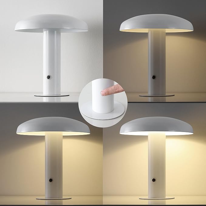 JONATHAN Y 11" White Rechargeable LED Mushroom Table Lamp, Cordless Portable Dimmable Mid-Century Modern Accent Lamp, with Metal Shade, Touch Sensor (JYL7114B)