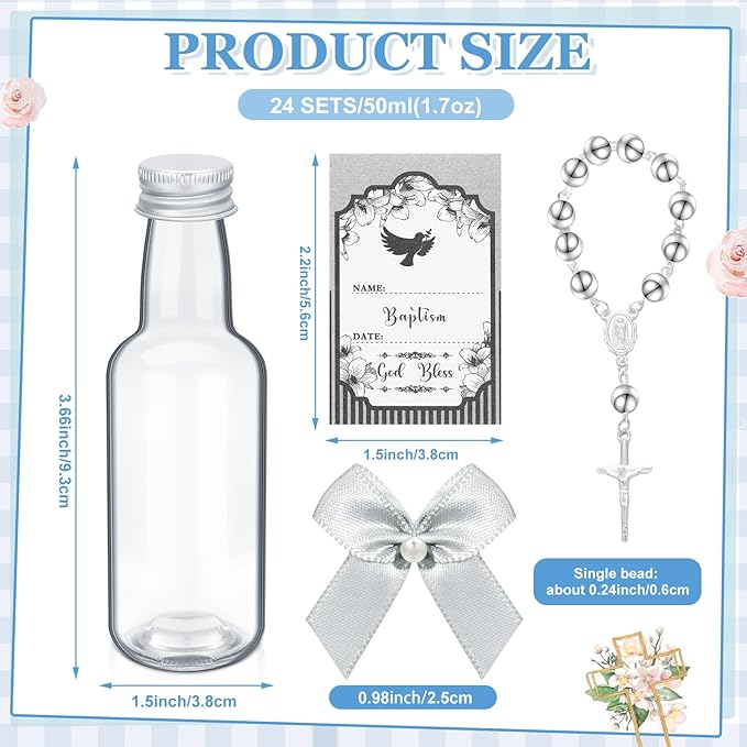 FillTouch 24 Sets Catholic Holy Water Bottle Baptism Rosary Set Baptism Favors 1.7oz Christian Water Container Empty Glass Holy Water Bottle for Easter Party Church Wedding Table Newborn (Silver)